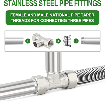 TAISHER 2PCS 304 Stainless Steel 3 Way Left&Right 2 Ends Flexible Movable Tee Connector, 1/2" Male for Sprayer, Angled Valve, Shower Arm