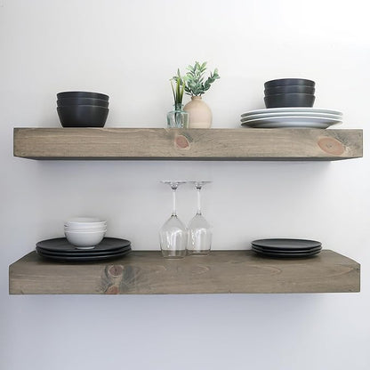 Urbandi Modern Floating Shelves 3 Inches Thick for Wall, Wide Shelves for Kitchen, Living Room, Bedroom, and Bathroom, Natural Pine Wood, Rustic Wooden Shelf, (Set of 2) (Aged Barrel, 60Lx3Hx8D)