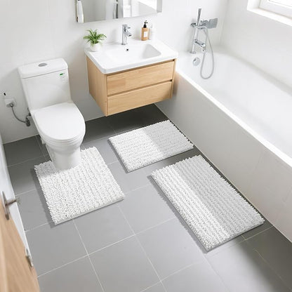 Yimobra Bathroom Rugs Sets 2 Piece - Quick Dry Extra Thick Luxury Chenille Bath Mat, Non Slip Super Absorbent for Tub Shower Sink, Machine Washable Shaggy Floor Mat, 24"x17+24"x20" Inch, White