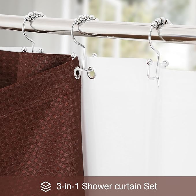 3 in 1 Shower Curtain Set, Brown Waffle Shower Curtain and PEVA Liner Set with 12 Stainless Steel Shower Curtain Hooks, Waterproof Fabric Shower Curtains for Bathroom, 72 W x 72 H