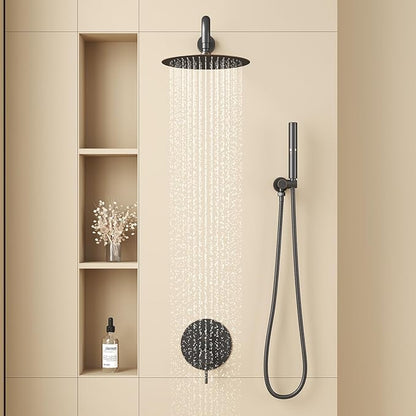 BESy Shower System with 10 Inch Round Rain Shower Head and Handheld Wall Mounted, High Pressure Rainfall Shower Faucet Fixture Combo Set with 2 in 1 Handheld Showerhead for Bathroom, Oil Rubbed Bronze