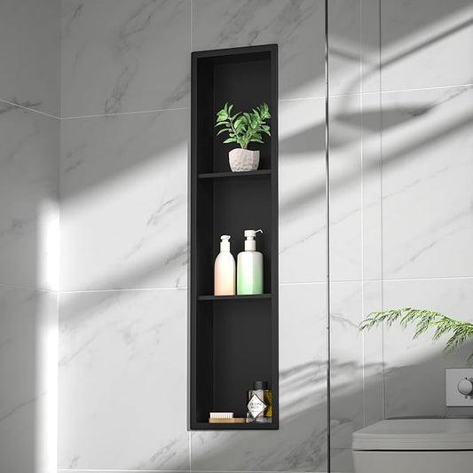 Stainless Steel Shower Niche 8"×36" Matte Black with 3-Tier Shelves No Tiled Needed Niche Shower for Bathroom Wall Recessed Bathroom Shower Shelf for Storage