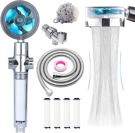 High Pressure Shower Heads, Handheld Turbo Fan Shower, Hydro Jet Shower Head with 79 Inch Hose,Bracket,Cotton Filters and Bath Loofah, One Key Pause Switch 360 Degrees Rotating (Blue with hose)