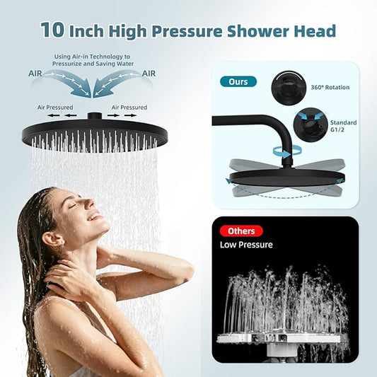 Hibbent Self-cleaning Shower Head Combo, High Pressure 10'' Rain Showerhead with 3-mode Handheld Spray, Metal Extension Arm with Easy Reach All Metal 4-way Diverter, 71" Hose & Holder, Matte Black