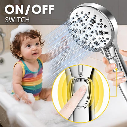 8-Mode High Pressure Handheld Shower Head with ON/OFF Switch,Handheld Shower Wand with Power Wash Spray for Cleaning Tubs,Pets & Tiles,79-Inch Stainless Steel Hose & Bracket,Chrome