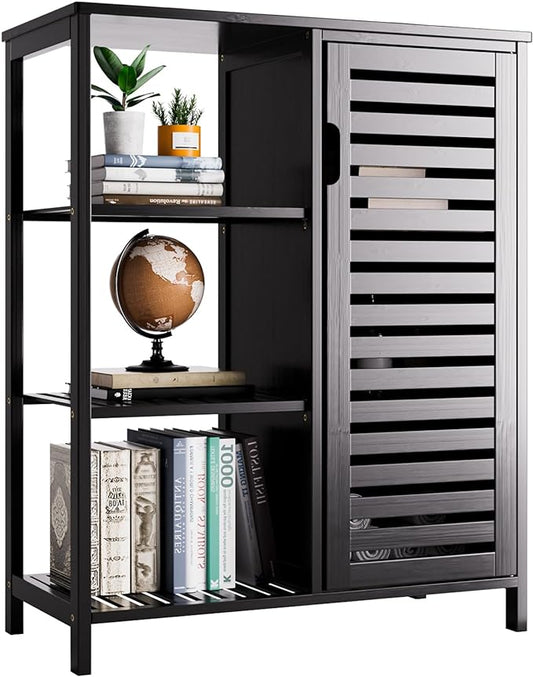 HITNET Black Bathroom Cabinet, Freestanding Storage Cabinet Bamboo Kitchen Floor Cupboard with Door and Shelf, Space Saving Side Storage Organizer for Living Room Bedroom Home Office