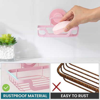 TAILI Soap Holder Bar Dish Suction Cup, Bar Shampoo Rack for Shower Wall, Draining Soap Saver Tray for Bathroom, Rustproof Stainless Steel Sponge Holder for Tub, Kitchen, Drill-Free, Pink