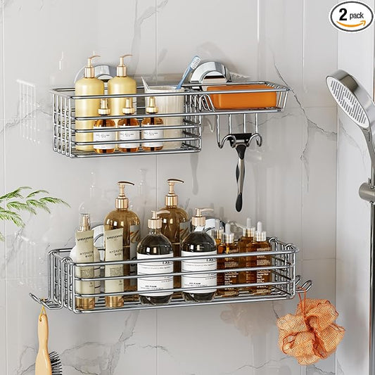 LEVERLOC Shower Caddy Suction Cup, Shower Organizer Removable Bathroom Shelf, Storage Suction Powerful Max Hold 22lbs Bathroom Caddy Waterproof Holder, Silver