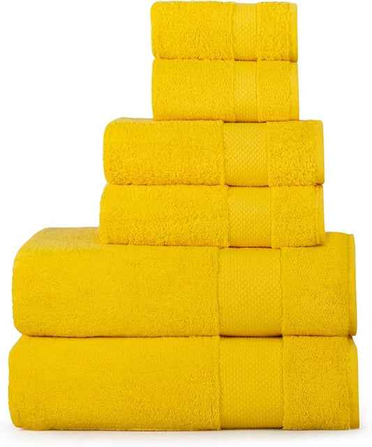 Hencely 6-Piece Bath Towel Set - High Absorbency, Quick Drying - 100% Soft Turkish Cotton - 2 Bath Towels, 2 Hand Towels, 2 Washcloths - for Bathroom, Home, Hotel, Spa, and Gym - 6-Pack Yellow