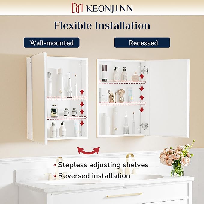 Keonjinn 48 x 32 Inch Large Medicine Cabinet Mirror, Assembly Required, White Bathroom Medicine Cabinets, Aluminum Framework, Adjustable Shelves, Tempered Glass, Soft Closing, Recessed or Wall Mount