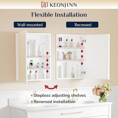 Keonjinn 48 x 32 Inch Large Medicine Cabinet Mirror, Assembly Required, White Bathroom Medicine Cabinets, Aluminum Framework, Adjustable Shelves, Tempered Glass, Soft Closing, Recessed or Wall Mount