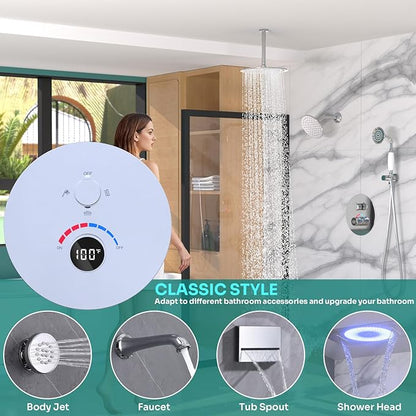 Temperature Display Shower Valve 3 Way Brass Rough-in Mixer and Round Trim Kit, Triple Function Digital Shower Diverter, Chrome