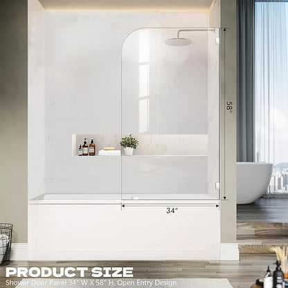 Frameless Bathtub Shower Door, 34" W X 58" H Single Fixed Bath Panel with Clamps, 1/4"(6mm) Clear Tempered Glass Bathroom Shower Screen, Bathtub Glass Panel in Polished Chrome Finish