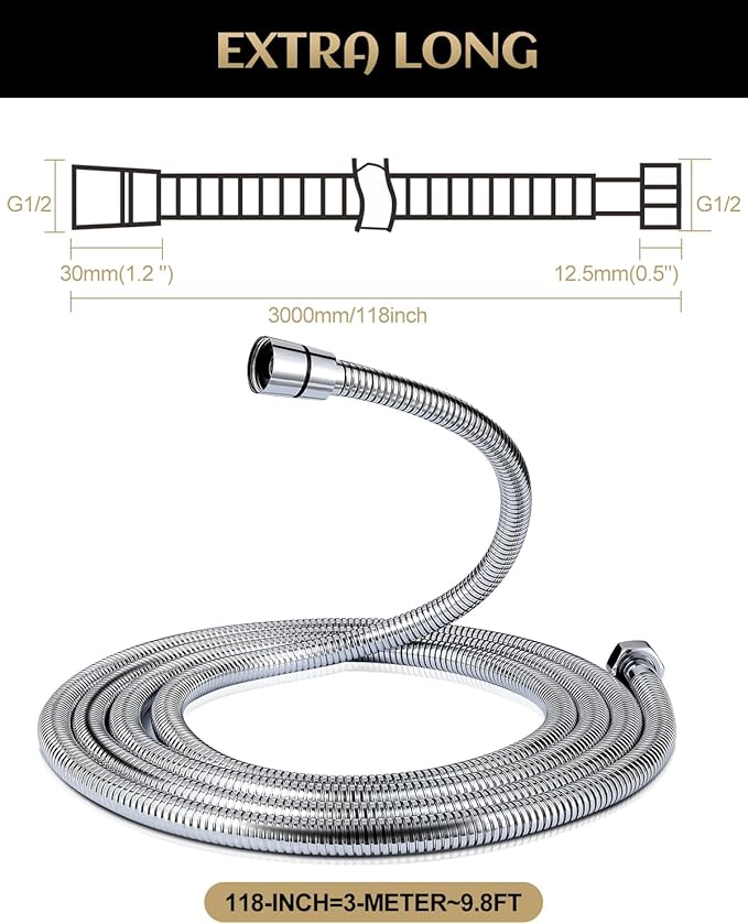 Shower Hose Replacement 118 Inch Extra Long, Stainless Steel Flexible Extension for Handheld Shower Heads, G1/2 Universal Fitting, Chrome
