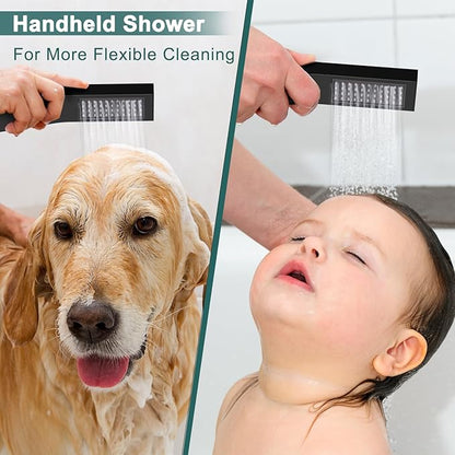 Shower Faucet Set Matte Black Shower Systems, STARBATH 3 Way Shower Faucet with 2 in 1 Handheld, Ceiling Mount 12+6" Dual Rain Shower Head for Two People, Shower Valve with 5 Diverter Complete