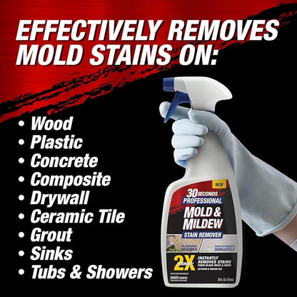 30 SECONDS Pro Mold and Mildew Stain Remover | Scrub Free | Brighter Results Instantly | Ready To Use | 32 oz Spray Bottle, 1 Gallon Refill