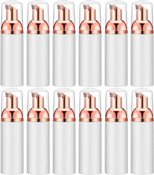 2 Oz Empty Foam Pump Bottle (12PCS) Travel Foaming Soap Dispenser for Hand Soap, Lash Shampoo Cleanser (White&Rose Gold)