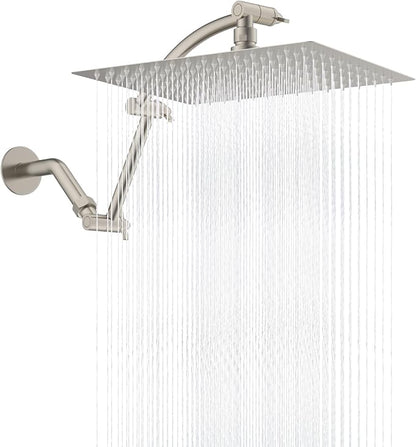 Hibbent All Metal cUPC Certified Rain Shower Head, 12'' High Pressure Rainfall Showerhead with 16" Shower Head Extension Arm, Brass Adjustable Shower Arm Extender, fixed Showerheads, Brushed Nickel