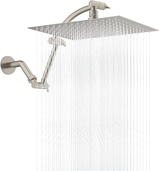 Hibbent All Metal cUPC Certified Rain Shower Head, 12'' High Pressure Rainfall Showerhead with 16" Shower Head Extension Arm, Brass Adjustable Shower Arm Extender, fixed Showerheads, Brushed Nickel