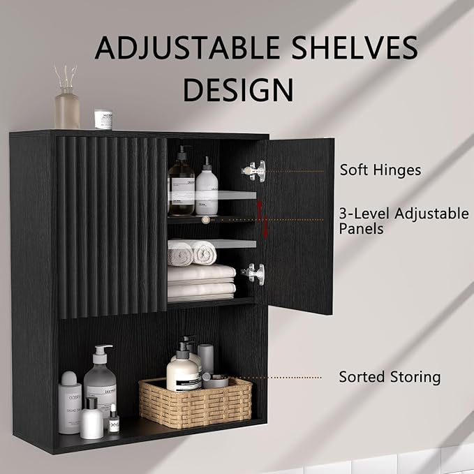 Fluted Bathroom Wall Cabinet Over The Toilet Storage,Wall Mounted Cabinet with Adjustable Shelf,Floating Cabinet Organizer Hanging Cabinet,Kitchen and Laundry Room Cabinets (Black-2 PCS)