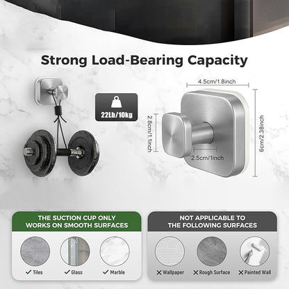 4Pcs Square Suction Cup Hook, 304 Stainless Steel Shower Hook, Removable Suction Cup Knob for Shower, Bathroom, Kitchen, Glass Door, Mirror (Silver)