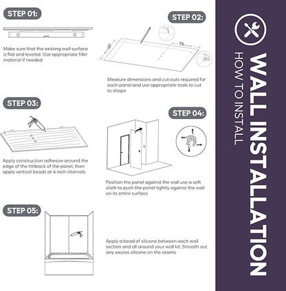 White Acrylic Shower Wall Surround 36"x 60"x 80" - Waterproof, Easy-to-Install, Two Shelf Units Kit Included - Shower Wall Surround Panels - Vertical Pattern, Dynamic Shelves - Noah William Home