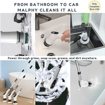 15-in-1 Electric Scrub Brush Cordless, Power Scrubber for Bathroom Tile Grout Cleaning, Waterproof Cleaning Brush with Extension Handle, 3 Speed Electric Cleaning Tools - Malphy