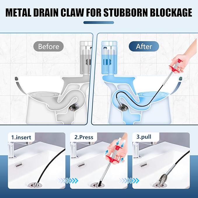 63'' Flexible Grabber Claw (4 Claws), Drain Snake with Tweezers, Bendable Hose Grabber Reacher Tool, Retractable Drain Clog Remover Tool, Pickup Tool for Bath Tub, Toilet, Kitchen Sink & Sewer