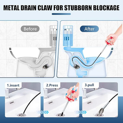 61 '' Flexible Grabber Claw (4 Claws), Drain Snake with Tweezers, Bendable Hose Grabber Reacher Tool, Retractable Drain Clog Remover Tool, Pickup Tool for Bath Tub, Toilet, Kitchen Sink & Sewer