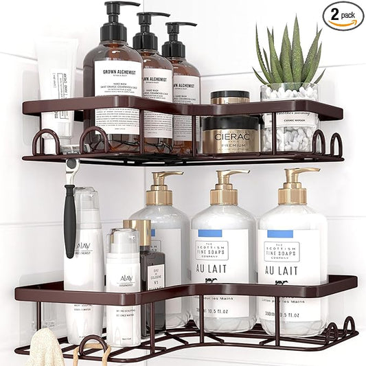 Corner Shower Caddy - 2 Pack, Adhesive Shower Organizers, Rustproof Stainless Steel Shower Shelves with 8 Hooks, No Drilling Bathroom Organizers and Storage Racks, Space-Saving, Brown, Medium