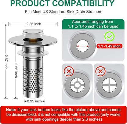 Bathroom Sink Drain Strainer,Universal Pop-Up Sink Stopper Hair Catcher, Anti-Clog Stainless Steel Drain Filter Basket, Removable Sink Drain for Bathroom Sink Stopper Replacement