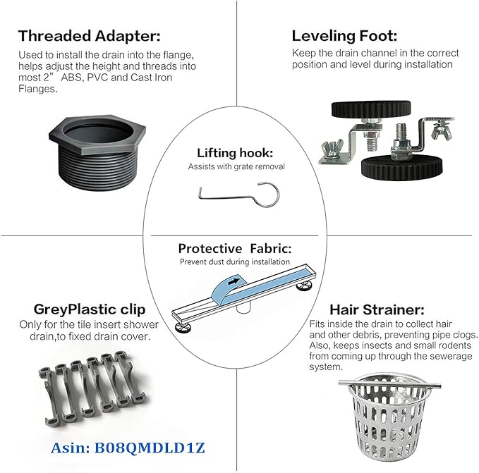 Neodrain 36-Inch Linear Shower Drain with Tile Insert Grate,Brushed 304 Stainless Steel Rectangle Shower Floor Drain, Linear Drain with Leveling Feet, Hair Strainer