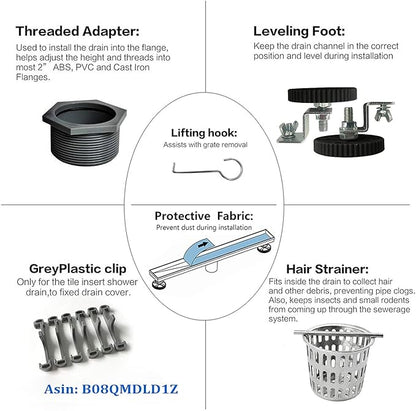 Neodrain 24-Inch Linear Shower Drain with Tile Insert Grate,Brushed 304 Stainless Steel Rectangle Shower Floor Drain, Linear Drain with Leveling Feet, Hair Strainer