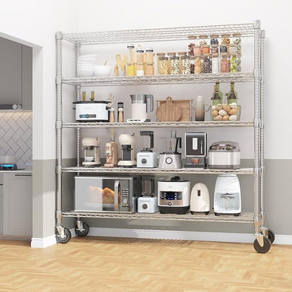 Homdox 5 Tier Heavy Duty Metal Wire Shelving with Wheels, 3000 lbs Capacity Garage Storage Rack, Rolling Industrial Storage, Adjustable Commercial Shelves for Kitchen, Warehouse, 18"x60"x82", Chrome
