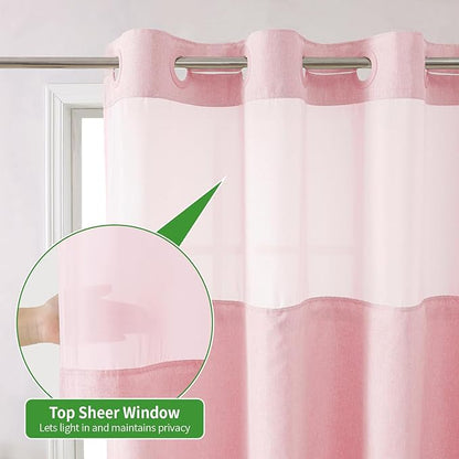 Extra Long No Hooks Needed Linen Textured Shower Curtain with Snap-in Fabric Liner Set,White Hotel Luxury Decor Shower Curtains for Bathroom,Waterproof & Washable,71Wx86H,Pink