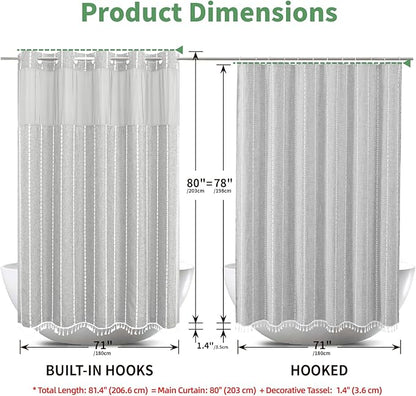 No Hook Long Shower Curtain Set with Snap-in Fabric Liner,Linen Ultra Thick Fabric with Tassels,Boho Chic Modern Farmhouse Country Neutral Cloth Shower Curtains for Bathroom,Grey/Gray,71x80