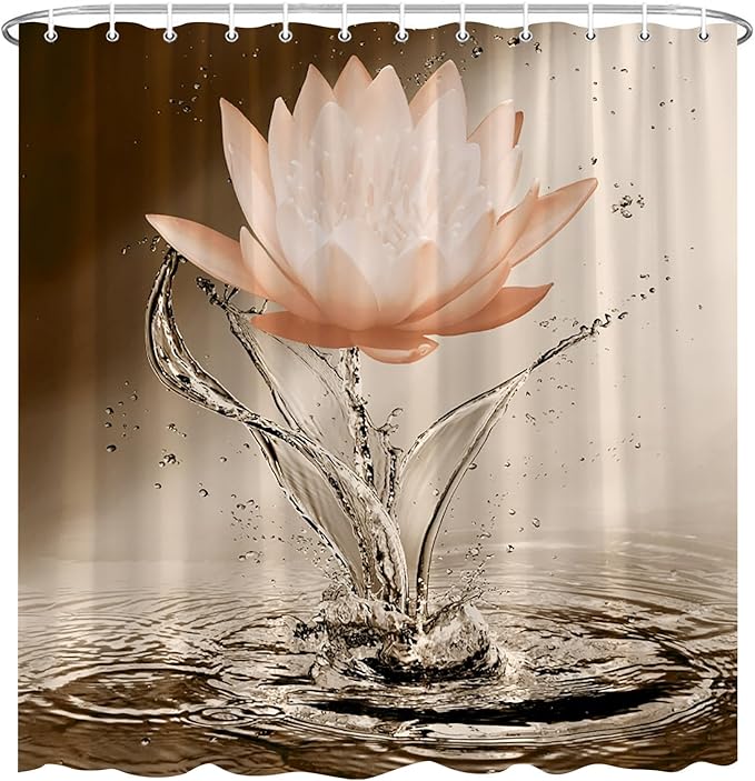 Lotus Shower Curtain Orange Flower Elegant Blooming Floral with Dew Spring Flower Reflection on Water Modern Romantic Polyester Fabric Bathroom Decor 108×70 Inch with Hook