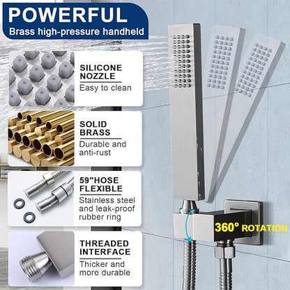 Rain Shower Head System with 14x20 Inch Ceiling Mount LED Head & 6 Inch Wall Head and Handheld Shower 3 Way Pressure Balance Valve Kit,Brushed Nickel