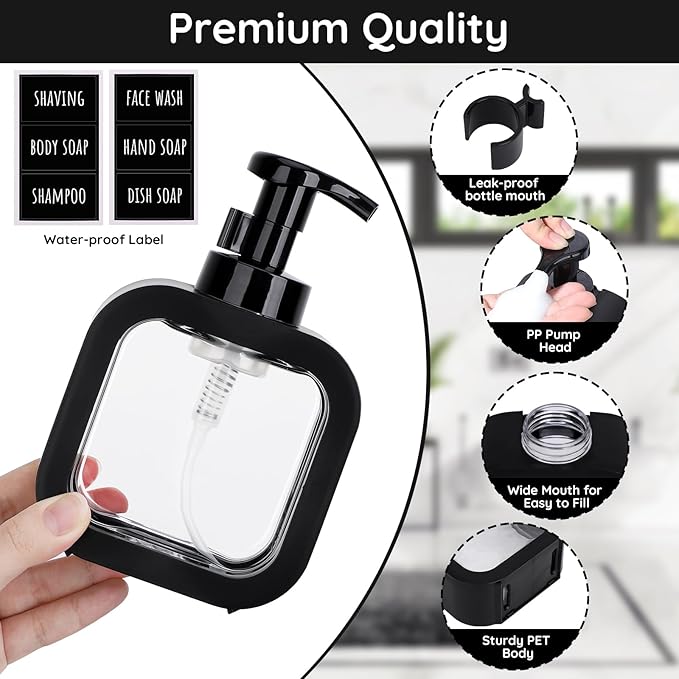 Segbeauty 10.1oz Black Foaming Soap Dispenser, 2pcs 300ml Square Refillable Dish Soap Foam Dispenser for Kitchen Cleaning, Empty Bathroom Shampoo Body Wash Foam Soap Pump Bottles with Pump Stickers