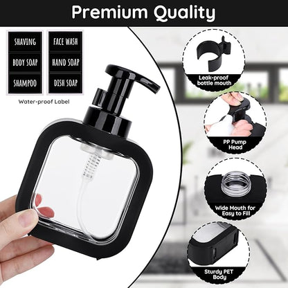 Segbeauty 10.1oz Black Foaming Soap Dispenser for Bathroom, 3pcs 300ml Empty Square Refillable Dish Soap Dispenser for Kitchen Sink Cleaning, Plastic Shampoo Shower Pump Bottles Dispenser with Labels