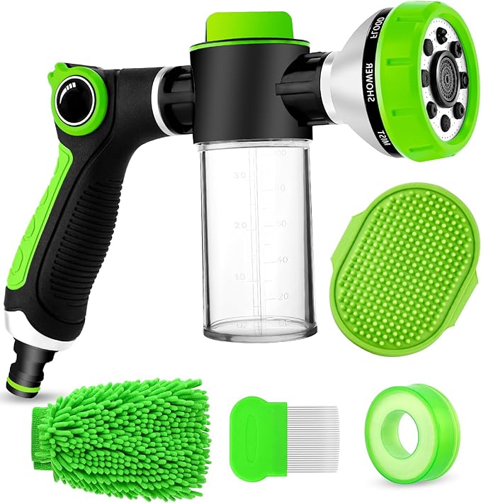 Upgrade Dog Washing Hose Attachment, Dog Shower Attachment with Soap Dispenser, Dog Shampoo Hose Attachment with Pet Bath Brush Car Wash Mitt & Dog Comb for Showering Pet (Hose Not Include)