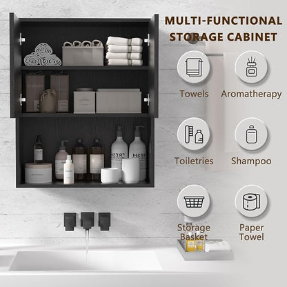 Fluted Bathroom Wall Cabinet Over The Toilet Storage,Wall Mounted Cabinet with Adjustable Shelf,Floating Cabinet Organizer Hanging Cabinet,Kitchen and Laundry Room Cabinets (Black-2 PCS)