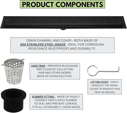 SereneDrains 304 Stainless Steel Linear Shower Drain 36 Inch Matte Black Shower Drain Kit Broken Lane for Tile Floor Long Hair Catcher Strainer Grate Cover Bathroom (Matte Black, 35 Inch)