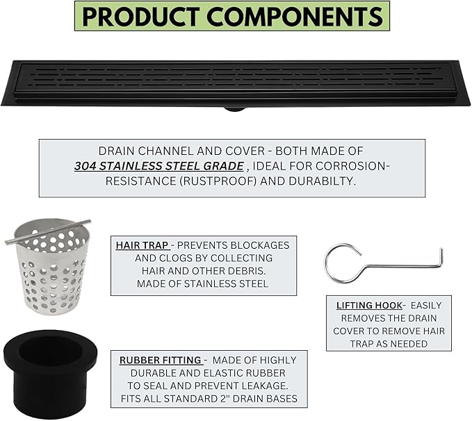 304 Stainless Steel Linear Shower Drain 60 Inch Matte Black Shower Drain Kit Broken Lane for Tile Floor Long Hair Catcher Strainer Grate Cover Bathroom (Matte Black, 59 Inch)