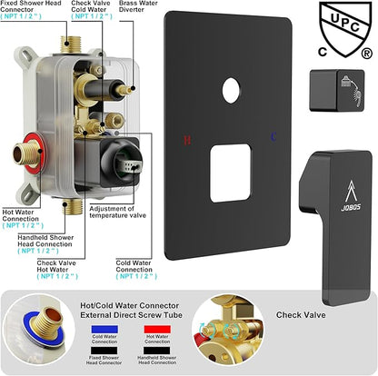 Rain Shower System 12IN Modern Brass Faucet Set With Valve and Diverter Shower Mixer With Handheld High Pressure Square Rainfall Shower Valve (12'' Ceiling Mount, Matte Black)