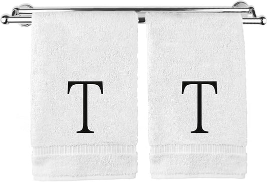 Monogrammed Hand Towel, Personalized Initial Gift, Extra Absorbent 100% Turkish Cotton - Soft Terry Finish - Set of 2 - Black Block Initial T - Embroidered on White Towels