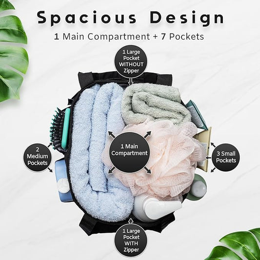 Mesh Shower Caddy Dorm, 7 Pockets & 1 with Zipper, Shower Tote with Padded Handles, Travel Portable, Shower Caddy College Room Essentials, Bathroom Shower Bag (Black)