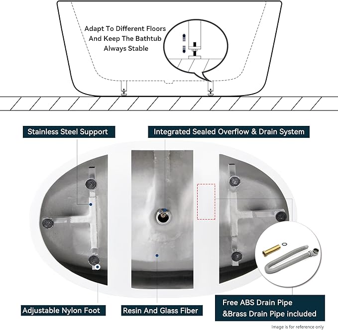 FerdY Koh Samui 65" Freestanding Bathtub, Elegant Oval Shape, Double Walled Insulation Bathtub with Center Brushed Nickel Drain & Minimalist Linear Design Overflow