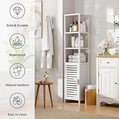 HITNET Bathroom Tall Cabinet, Floor Standing Bamboo Storage Cabinet with 6 Shelves and Shutter Door for Kitchen Living Room, White