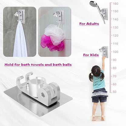 Shower Head Holder, Adjustable Wand Holder with 2 Hanger Hooks, Wall Mount Bracket, Aluminium Alloy, Silver